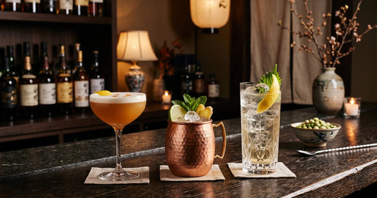Drei Cocktails mit japanischem Whisky auf einer Bar