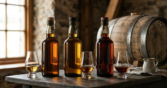 Japanische Whiskyflaschen ohne Etiketten mit drei Whisky-Stilen und einem Eichenfass im Hintergrund