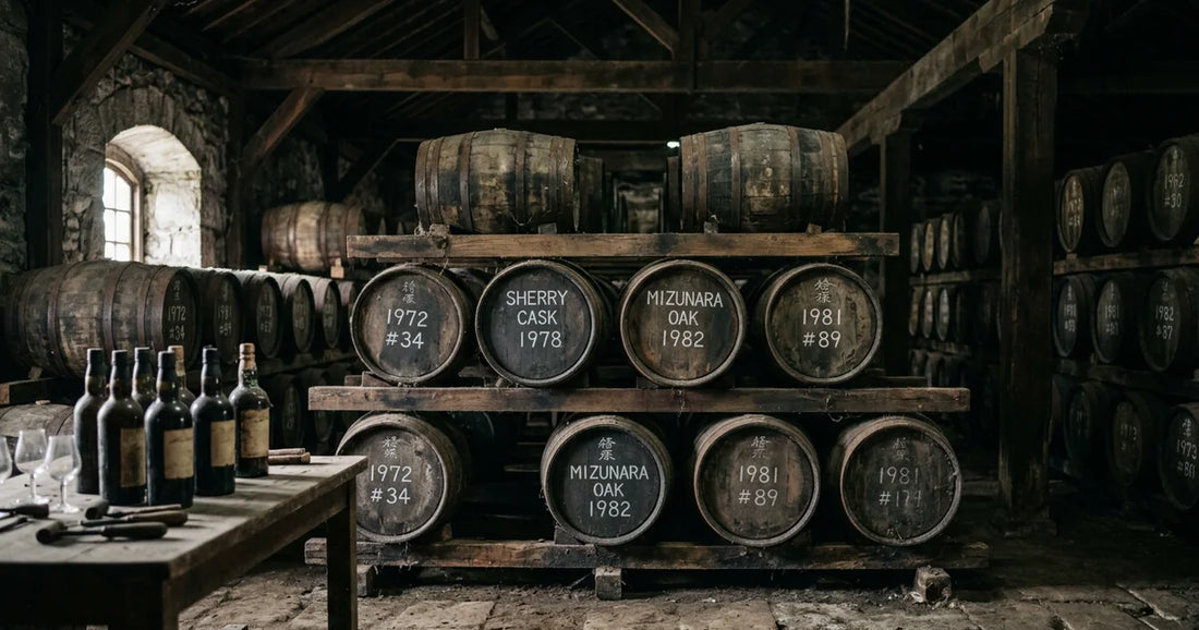 Traditionelles Fasslager mit alten Sherry- und Mizunara-Eichenfässern im warmen Kellerlicht