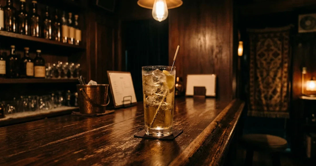 Gemütliche japanische Bar im Retro-Stil mit einem eiskalten Highball auf dem Holztresen