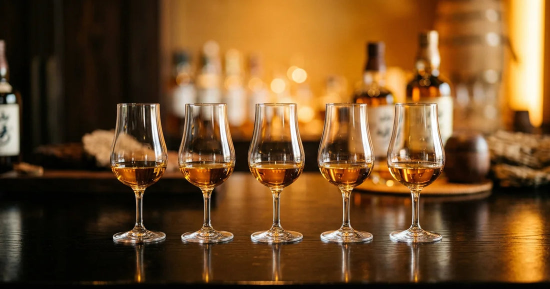 Elegante Nosing-Gläser mit bernsteinfarbenem japanischem Whisky in luxuriösem Ambiente